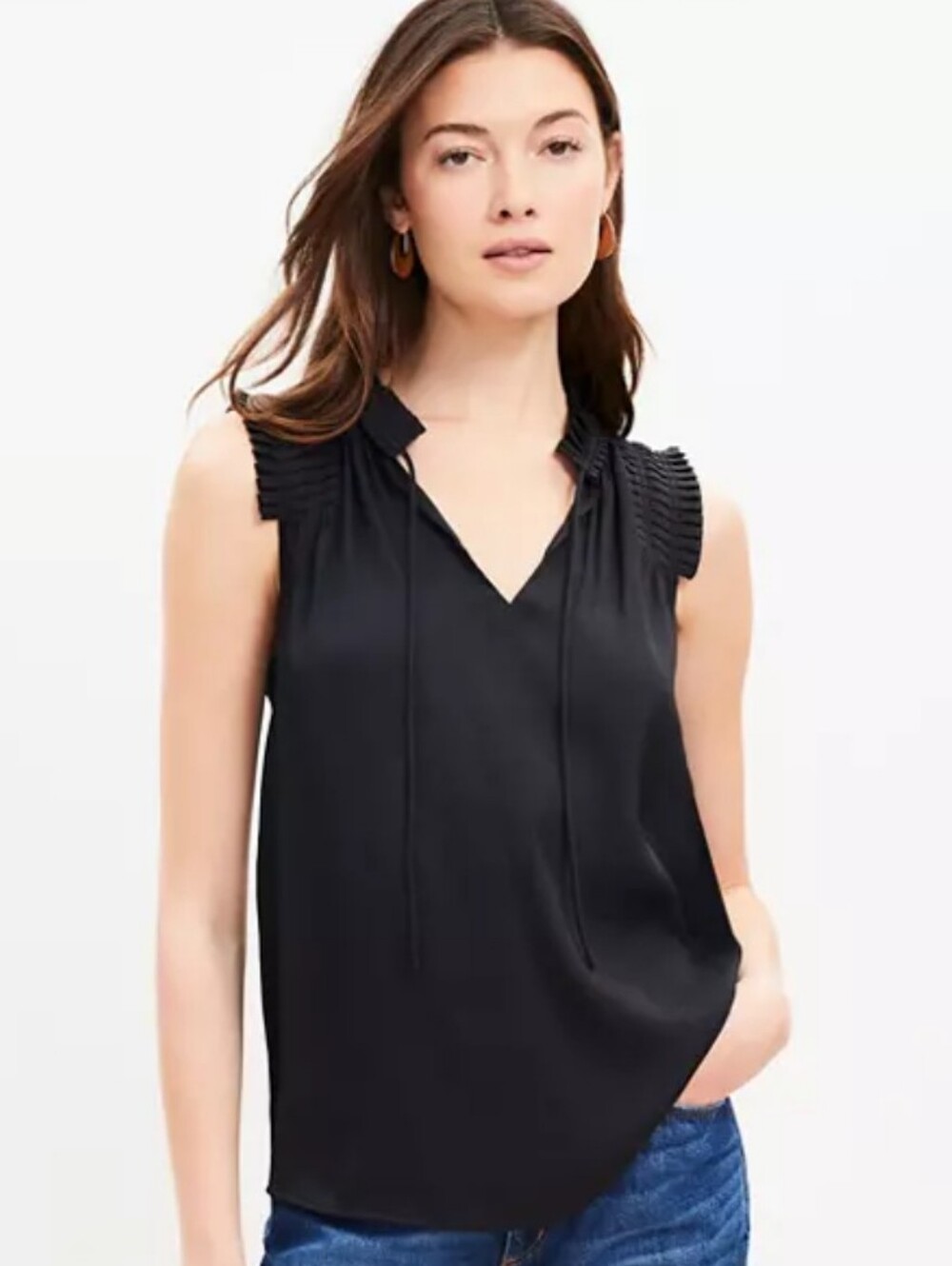 NWT!! LOFT Black Sleeveless V‑Neck Blouse with Pleated Shoulder Detail